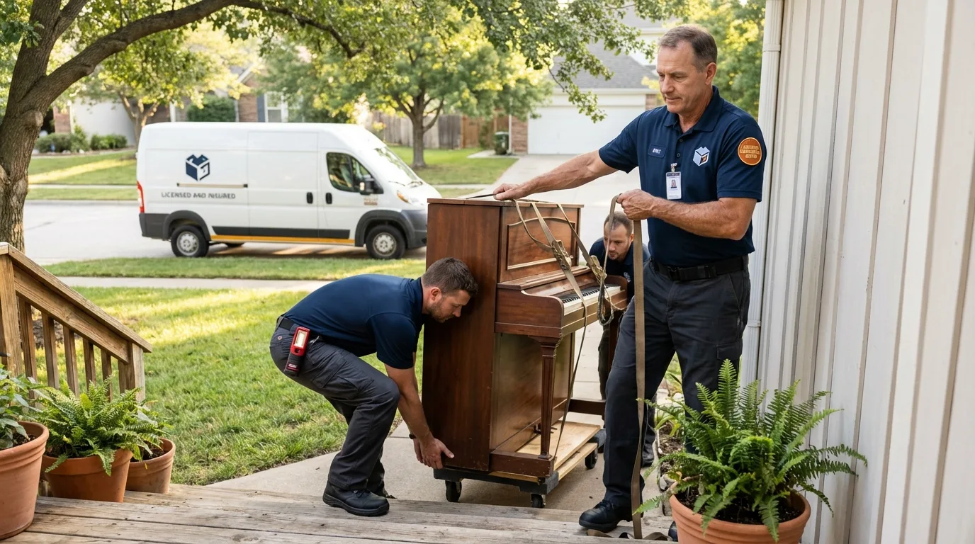 Licensed piano movers securing grand piano in Bridgeport, WA