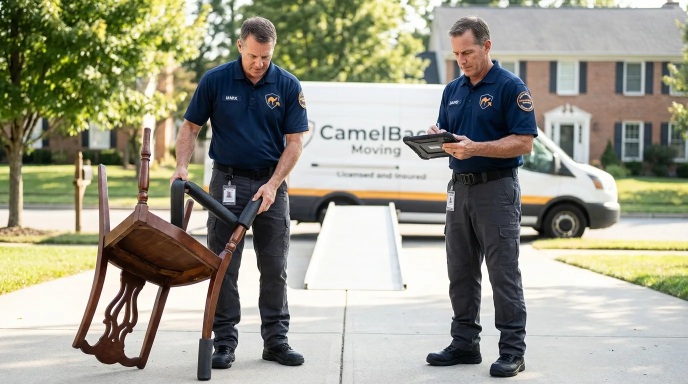 Movers inspecting furniture for damage prevention before loading in Bridgeport, WA