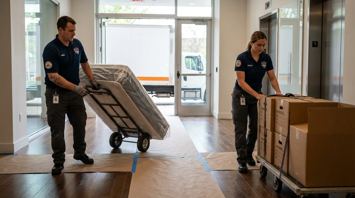 Professional apartment movers loading elevator in Bridgeport, WA